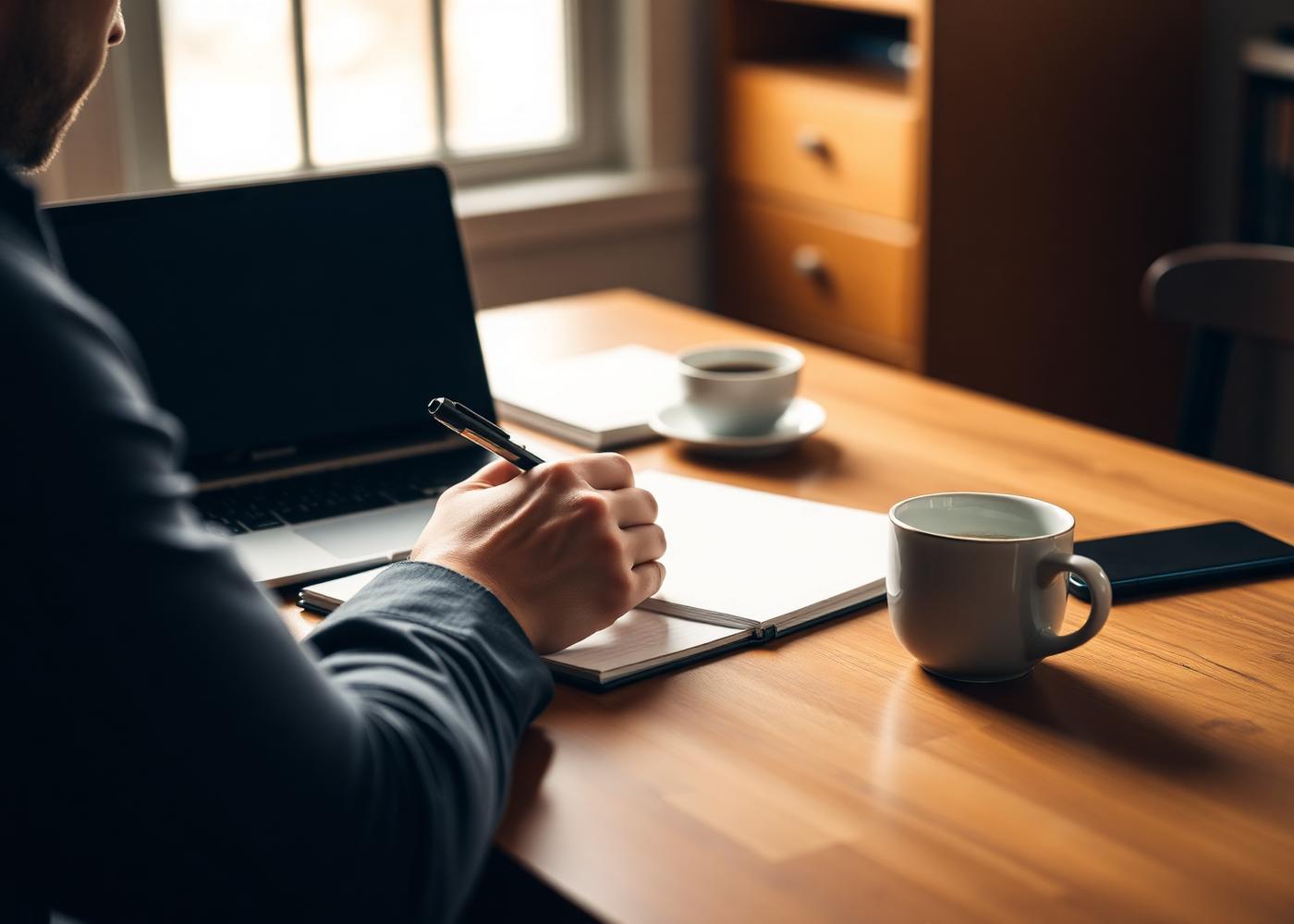 Persona escribiendo en un diario con una laptop cerca
